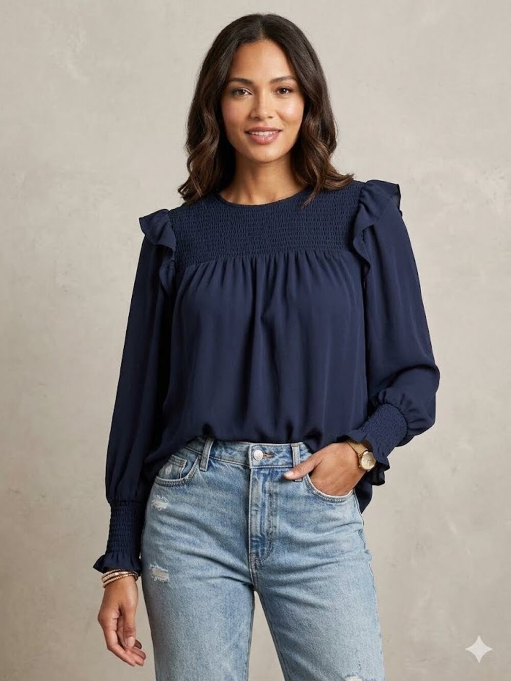 Sharagano‎ Ruffle Long Sleeve Blouse Smocked Flowy Navy Blue Romantic Top Size M